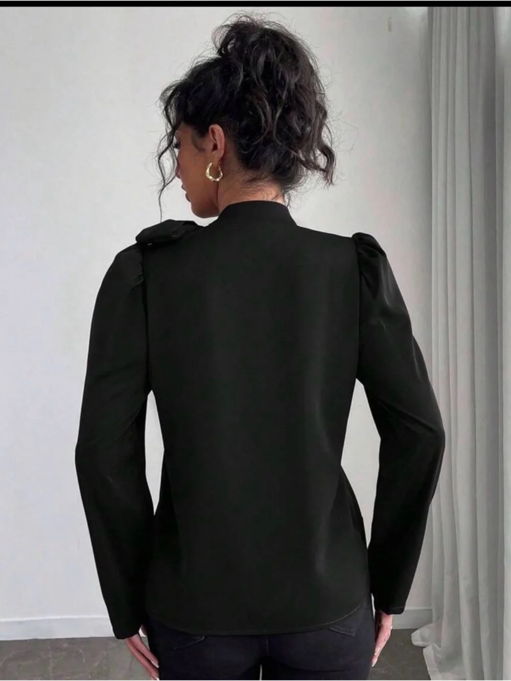 SHEIN Black Bow-Shoulder Long Sleeve Blouse - Picture 2 of 5